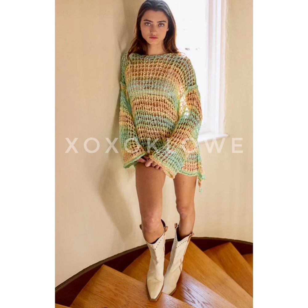 POL Tropical Striped Open Crochet Sweater Oversized - Picture 6 of 10